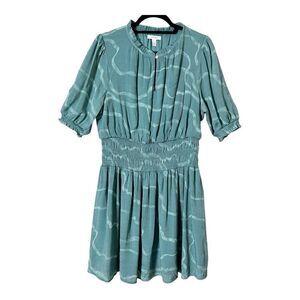 Nine West Blouson Green Ruffle Smocked Waist Mini Dress Size Extra Large